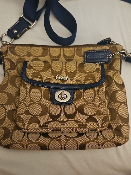 Coach Handbags - Coach Brown Signature Canvas Crossbody with Navy Trim